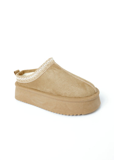 Mules effet daim fourrées et compensées Beige