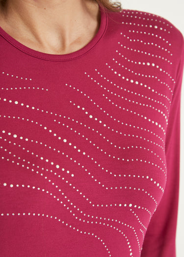 T-shirt uni droit court avec strass col rond Cassis