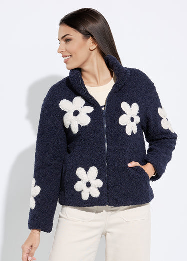 Blouson col montant motif grosses fleurs Marine