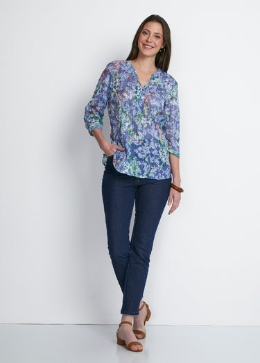Tunique ample manches 3/4 fleurie Fond Bleu