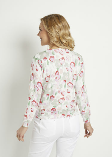 Gilet cardigan doux col rond boutonné Vert/Coquelicot