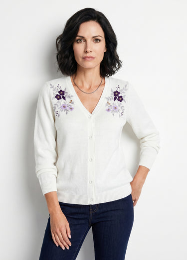 Gilet doux uni col V boutonné court brodé Ecru