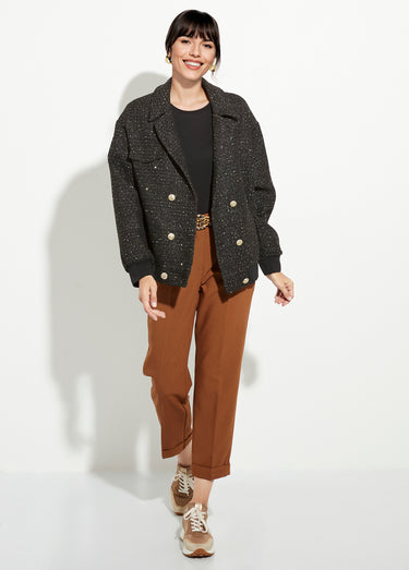 Blouson teddy tweed et détails couture Noir