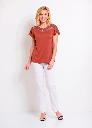 T-shirt manches courtes dentelle Terracotta