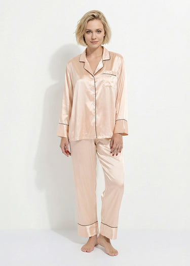 Pyjama long satin passepoil contrastant Beige