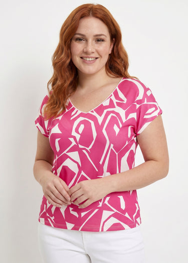 T-shirt droit court col V imprimé graphique Fuchsia/Blanc