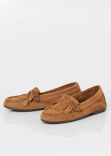 Mocassins semelle plate, dessus franges Camel