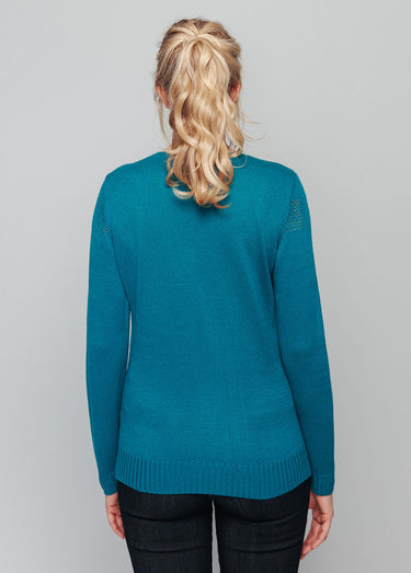 Pull bijou maille filet strass col V Vert lagon