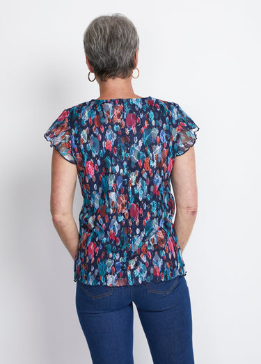 T-shirt court dentelle imprimée Marine/Fuchsia