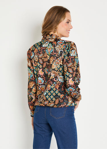 Chemisier blouson court imprimé col tailleur Noir / Marron