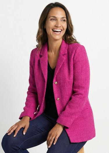 Veste droite boutonnée tissu natté col tailleur Fuchsia