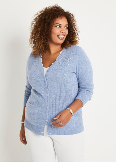 Gilet col V boutonné brodés strassé Bleu
