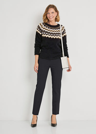 Pull col rond maille poilue jacquard soleil Noir