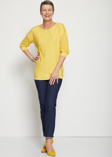Pull en maille ajourée, manches 3/4 Jaune
