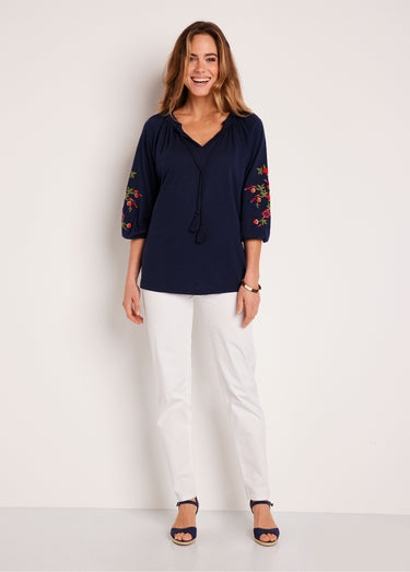 T-shirt long brodé manches 3/4 Marine