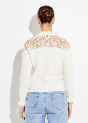 Pull chic en dentelle et maille avec laine Ecru
