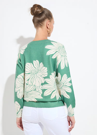 Pull fin imprimé fleurs sequins col rond Vert