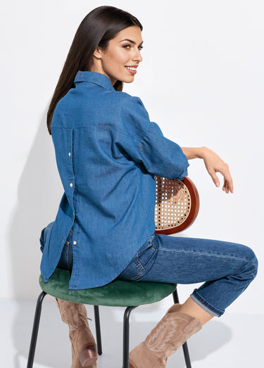 Chemisier col tailleur en chambray manches longues Denim