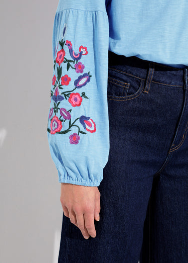 T-shirt long brodé manches longues Bleu Jean