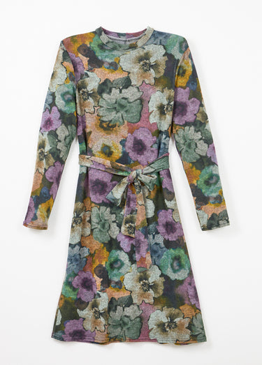 Robe fleurie ceinturée col montant chaude Gris/Parme