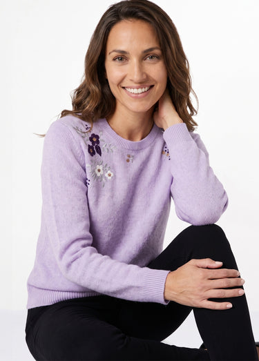 Pull doux uni brodé col rond manches longues Lilas