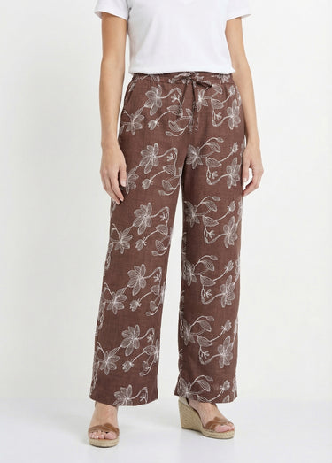 Pantalon large avec sérigraphies fleurs Chocolat