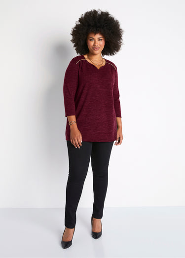 T-shirt long évasé manches 3/4 col rond Uni Grenat