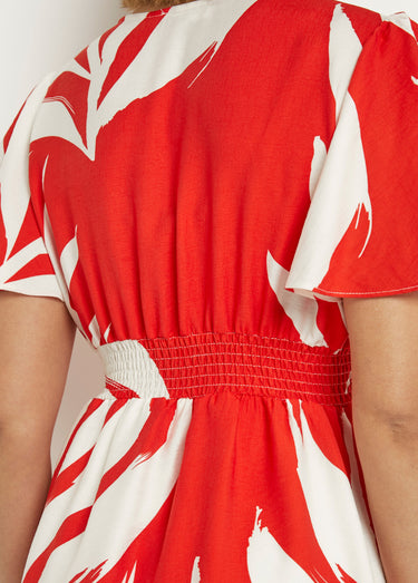 Robe courte imprimée col V manches papillon Rouge/Ecru