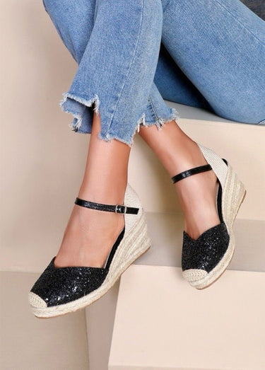 Espadrilles compensées pailletées à bride Noir