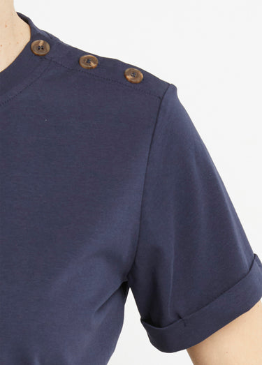 T-shirt col rond avec épaule boutonnée Marine