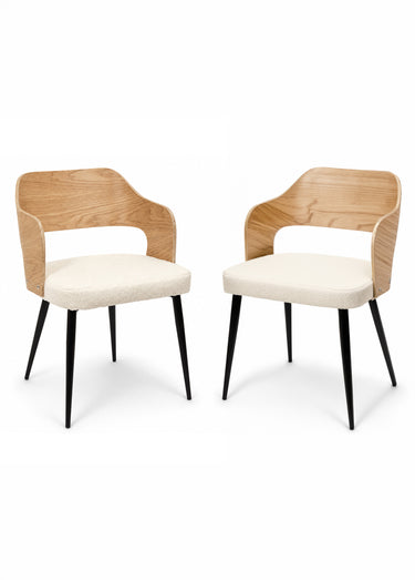 Set 2 Fauteuils bouclette, dossier bois Marron/Blanc/Noir