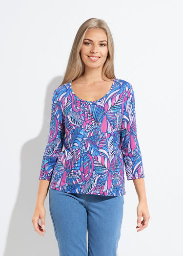 T-shirt col rond imprimé patchwork Bleu/Rose