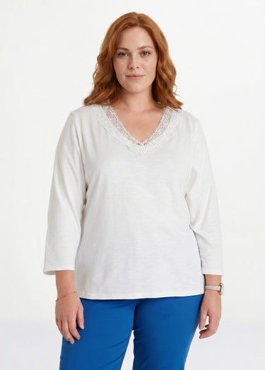 T-shirt manches 3/4 coton et macramé Blanc