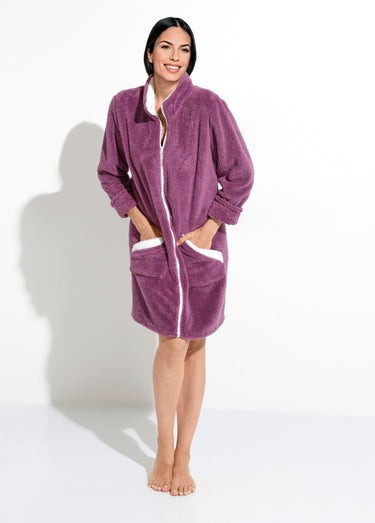 Peignoir court zippé col montant maille peluche Prune