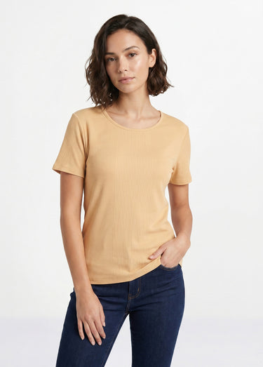 T-shirt coton côtelé col rond Sable