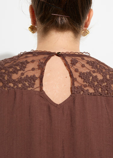 Tunique col V et manches dentelle fleurie Marron