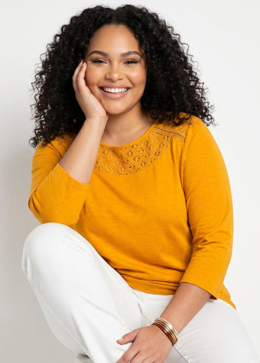 T-shirt coton et dentelle manches 3/4 Safran