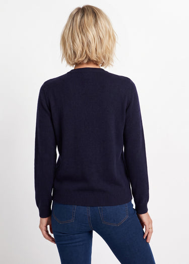 Pull doux uni brodé col rond manches longues Marine