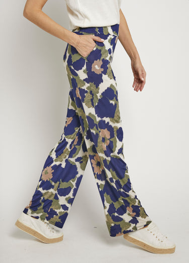 Pantalon fluide stretch, fleuri stylisé Marine/Kaki