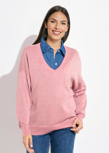 Pull col V maille fine jauge métallisée Vieux Rose