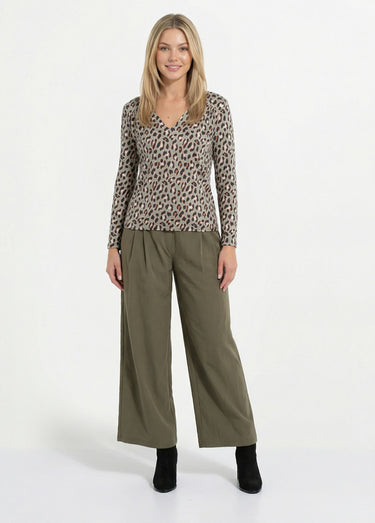 T-shirt ample col V manches longues Kaki / Noir
