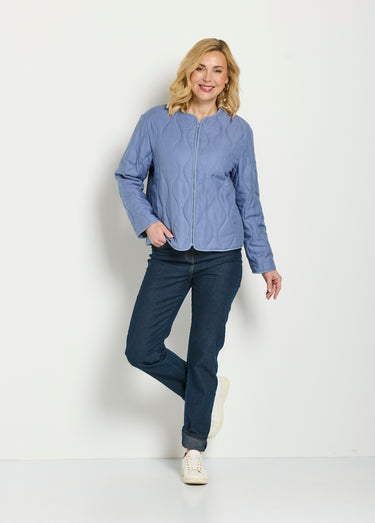 Veste unie matelassée zippée courte col rond Bleu Jean