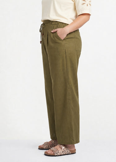 Pantalon large avec lin, style ethnique Kaki