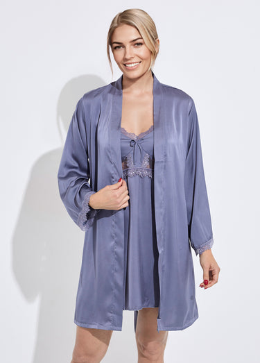 Nuisette satin et dentelle + déshabillé Gris