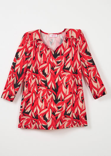 T-shirt long évasé manches 3/4 col rond Imprime Rouge