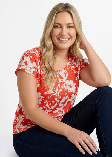 T-shirt manches courtes uni ou imprimé fleurs Rouge/Beige