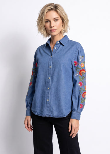 Chemise denim manches brodées et sequins Bleu Stone
