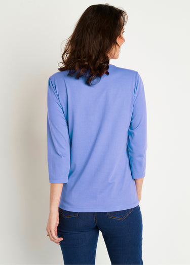 T-shirt court brodé manches 3/4 Bleu