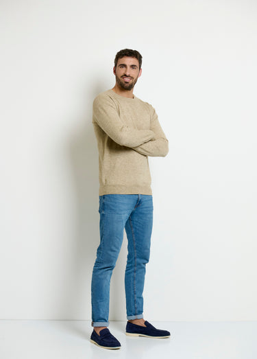 Pull col rond homme maille fine jauge Beige