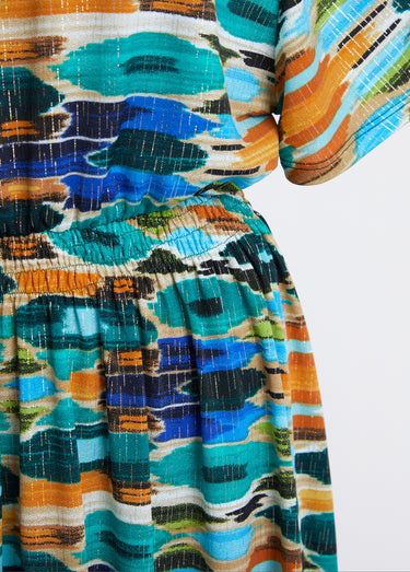 Robe courte smockée base évasée Vert/Ocre